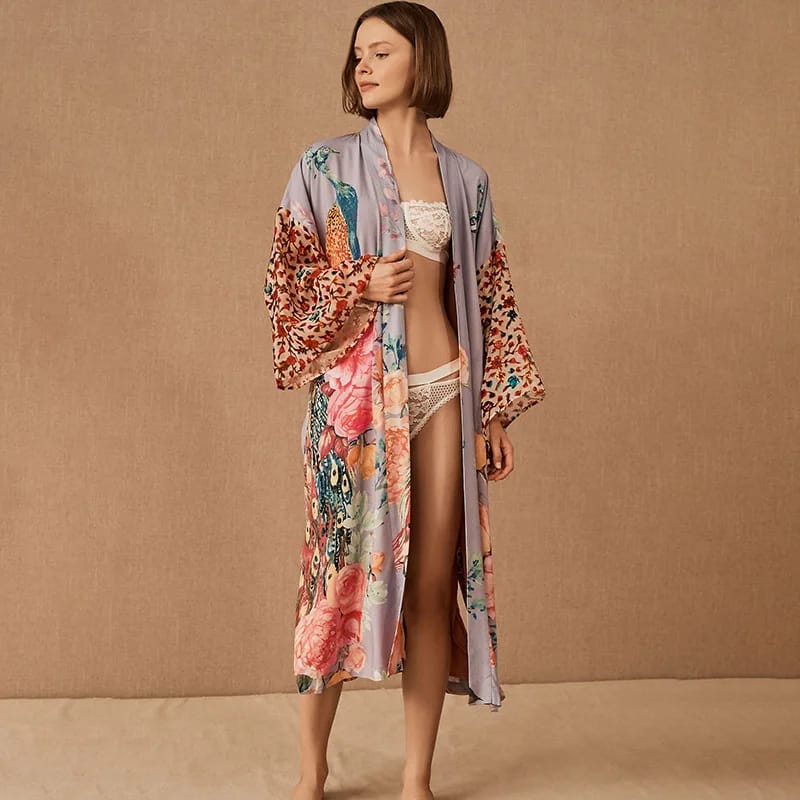 Kimono de Playa para Mujer, Salida de Baño con Estampado Pavo Real