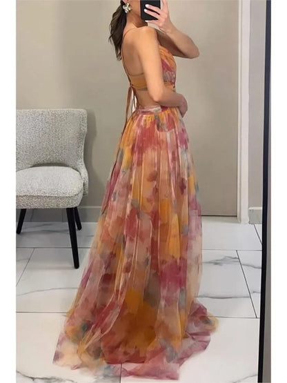 Vestido Largo de Fiesta o Club con Malla y Tirantes Delgados. 