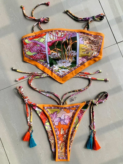 Bikini Crop Top Estampado para Mujer. Conjunto de Dos Piezas Brasileño, Traje de Baño Femenino Cavado.