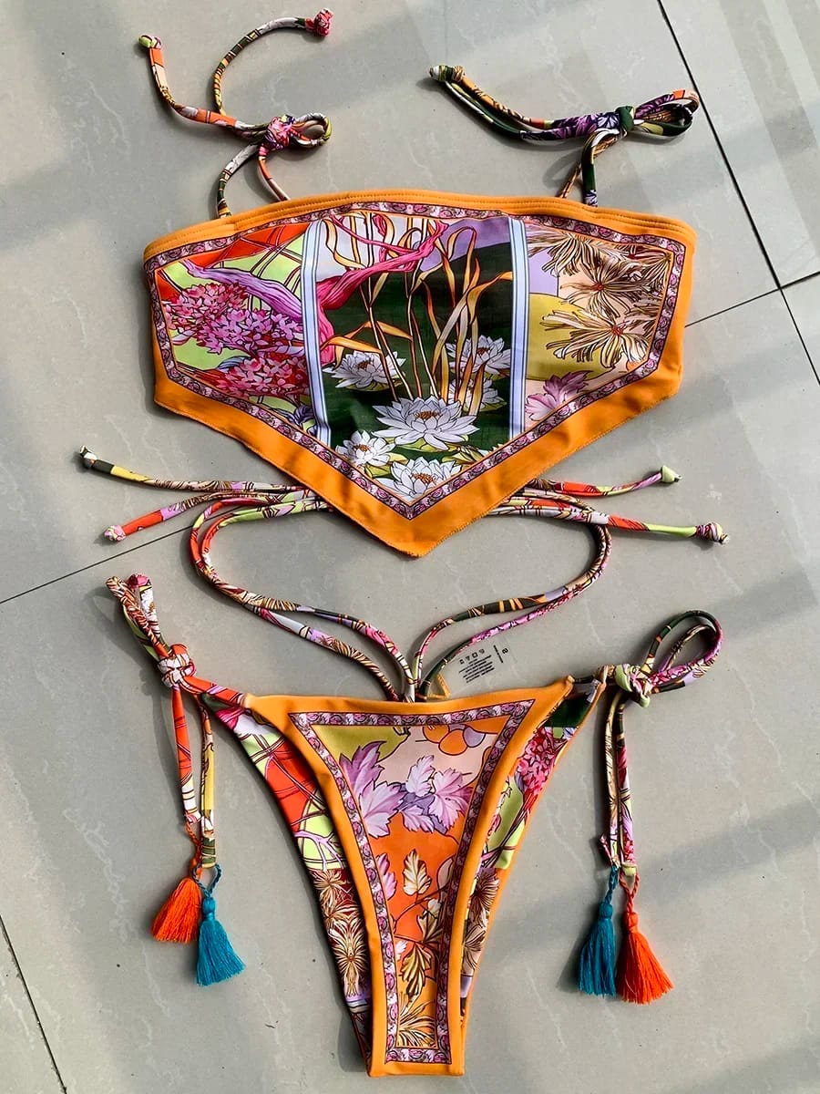 Bikini Crop Top Estampado para Mujer. Conjunto de Dos Piezas Brasileño, Traje de Baño Femenino Cavado.