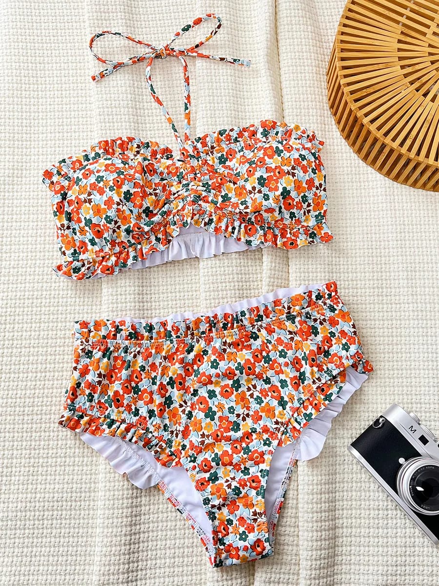 Bikini Bandeau Mujer con Volados y Estampado Floral tiro Alta