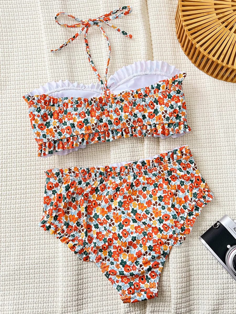 Bikini Bandeau Mujer con Volados y Estampado Floral tiro Alta