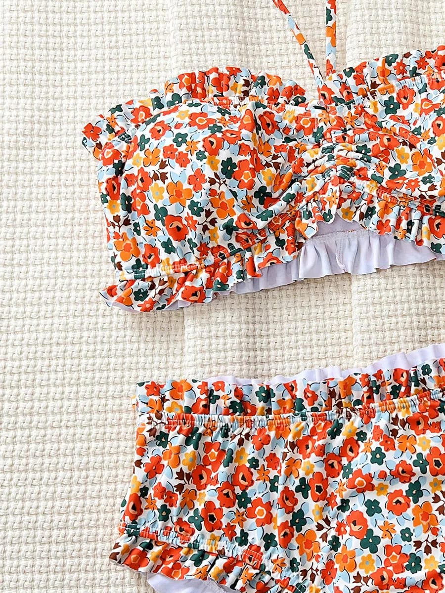 Bikini Bandeau Mujer con Volados y Estampado Floral tiro Alta