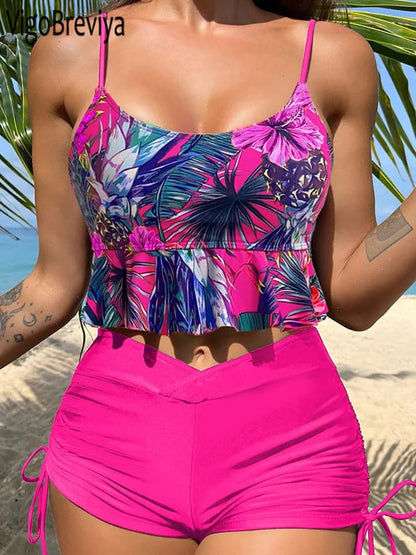 Bikini Set Mujer Push Up Tiro Alto Estampado. Traje de Baño Sexy con Espalda Descubierta y Tiras para Verano y Playa.