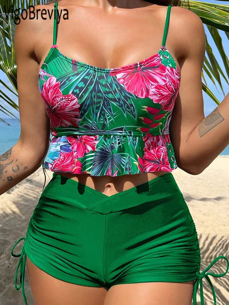 Bikini Set Mujer Push Up Tiro Alto Estampado. Traje de Baño Sexy con Espalda Descubierta y Tiras para Verano y Playa.