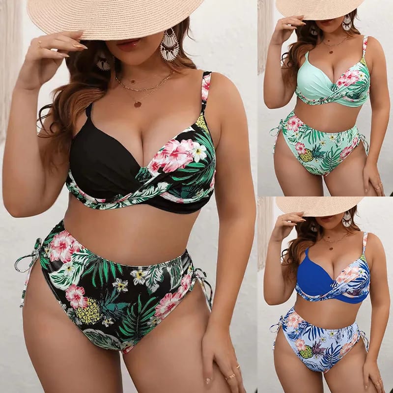 Sensual Bikini de Mujer Talles Grandes Tiro Alto Estampado Escote V Profundo Estilo Brasileño