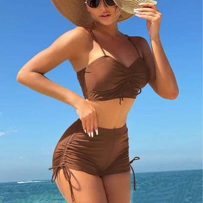 Bikini de 2 piezas conservador para mujer, color liso, con short tipo boxer y cordón lateral. Ideal para el verano.