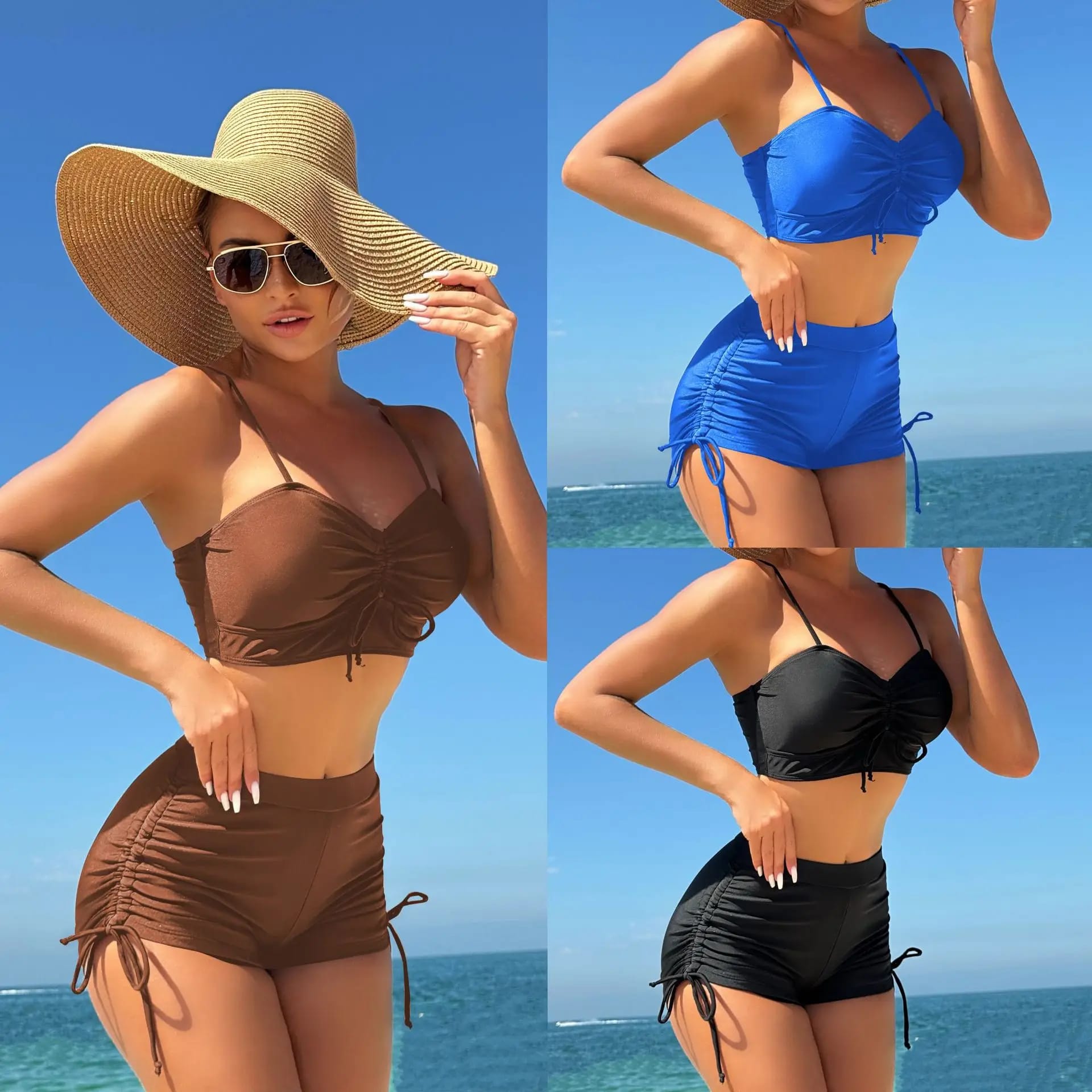 Bikini de 2 piezas conservador para mujer, color liso, con short tipo boxer y cordón lateral. Ideal para el verano.