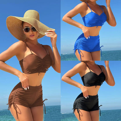 Bikini de 2 piezas conservador para mujer, color liso, con short tipo boxer y cordón lateral. Ideal para el verano.