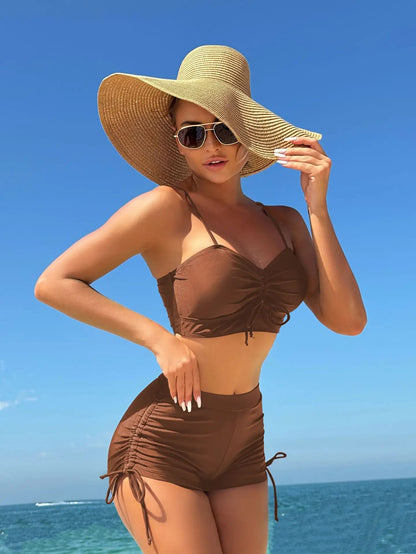 Bikini de 2 piezas conservador para mujer, color liso, con short tipo boxer y cordón lateral. Ideal para el verano.