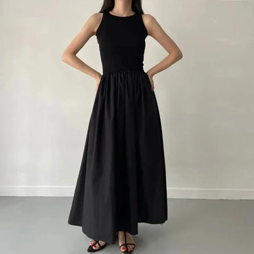 Nuevo Vestido Largo de Verano para Mujer, Negro, de estilo simple y elegante. Con cuello redondo, sin mangas y cintura alta.