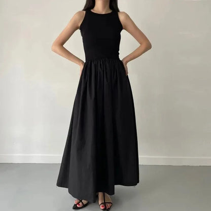 Nuevo Vestido Largo de Verano para Mujer, Negro, de estilo simple y elegante. Con cuello redondo, sin mangas y cintura alta.