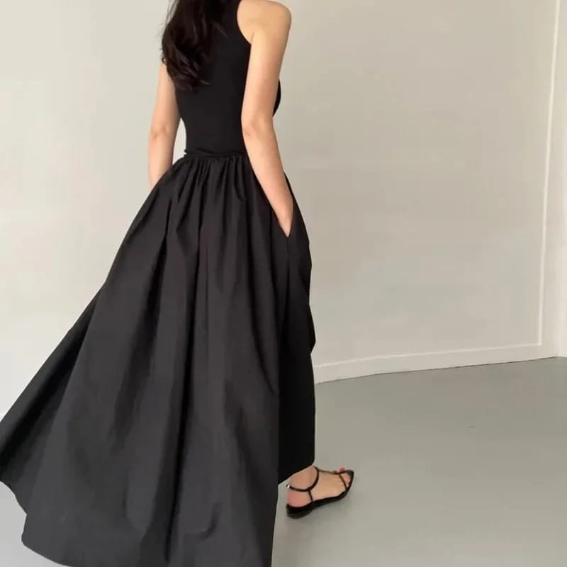 Nuevo Vestido Largo de Verano para Mujer, Negro, de estilo simple y elegante. Con cuello redondo, sin mangas y cintura alta.