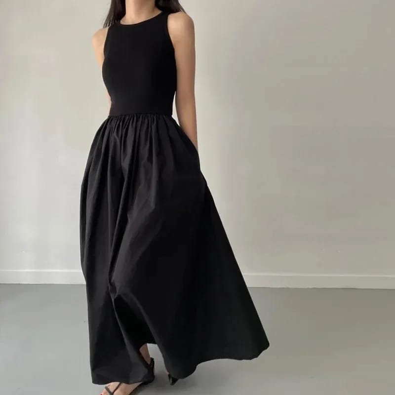 Nuevo Vestido Largo de Verano para Mujer, Negro, de estilo simple y elegante. Con cuello redondo, sin mangas y cintura alta.