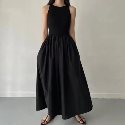 Nuevo Vestido Largo de Verano para Mujer, Negro, de estilo simple y elegante. Con cuello redondo, sin mangas y cintura alta.