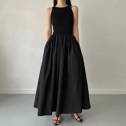 Nuevo Vestido Largo de Verano para Mujer, Negro, de estilo simple y elegante. Con cuello redondo, sin mangas y cintura alta.