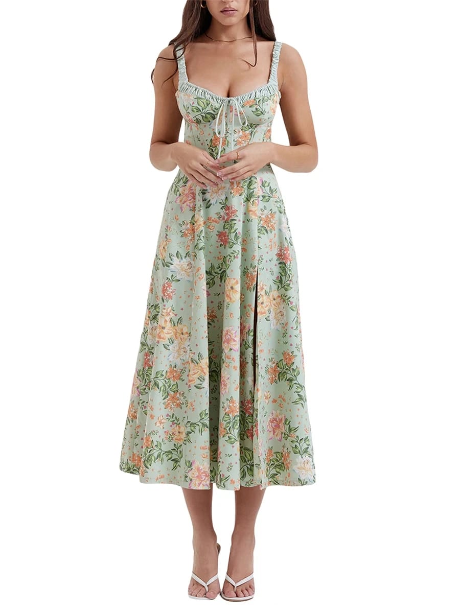 Vestido Casual de Verano para Mujer, Estampado Floral, Escote Bajo, Sin Mangas, con Tirantes y Espalda Descubierta.