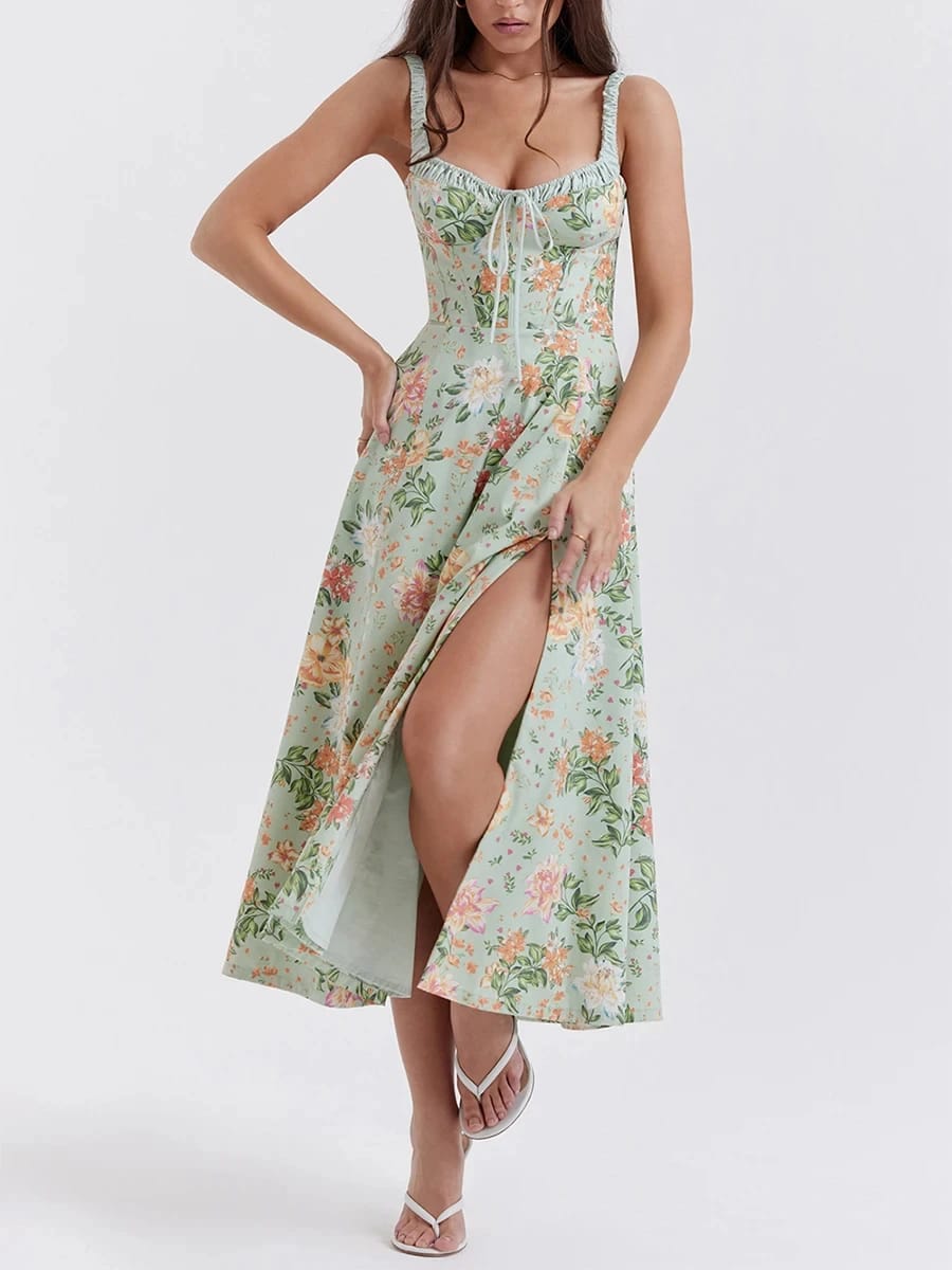 Vestido Casual de Verano para Mujer, Estampado Floral, Escote Bajo, Sin Mangas, con Tirantes y Espalda Descubierta.