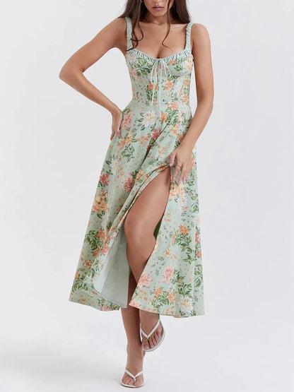 Vestido Casual de Verano para Mujer, Estampado Floral, Escote Bajo, Sin Mangas, con Tirantes y Espalda Descubierta.