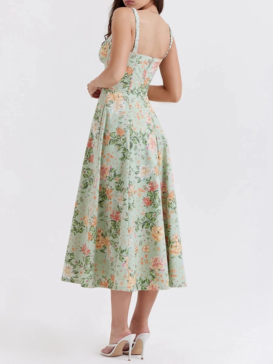 Vestido Casual de Verano para Mujer, Estampado Floral, Escote Bajo, Sin Mangas, con Tirantes y Espalda Descubierta.