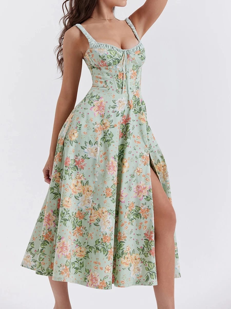 Vestido Casual de Verano para Mujer, Estampado Floral, Escote Bajo, Sin Mangas, con Tirantes y Espalda Descubierta.