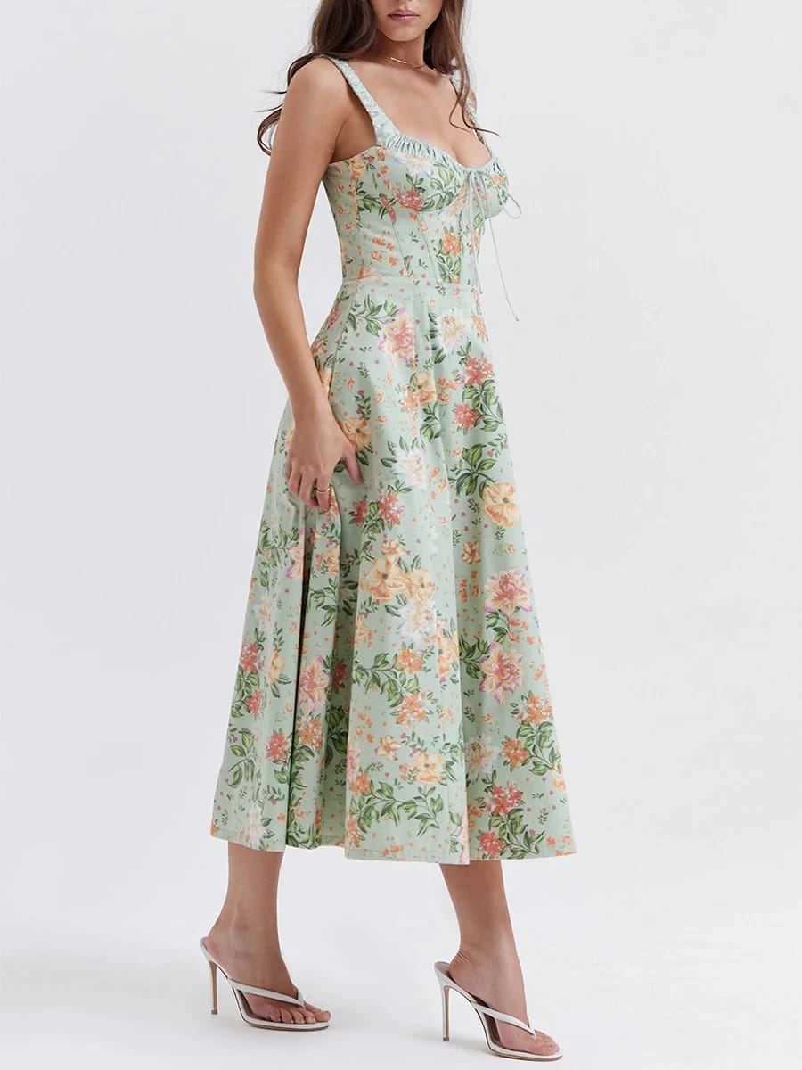 Vestido Casual de Verano para Mujer, Estampado Floral, Escote Bajo, Sin Mangas, con Tirantes y Espalda Descubierta.