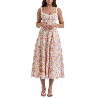 Vestido Casual de Verano para Mujer, Estampado Floral, Escote Bajo, Sin Mangas, con Tirantes y Espalda Descubierta.