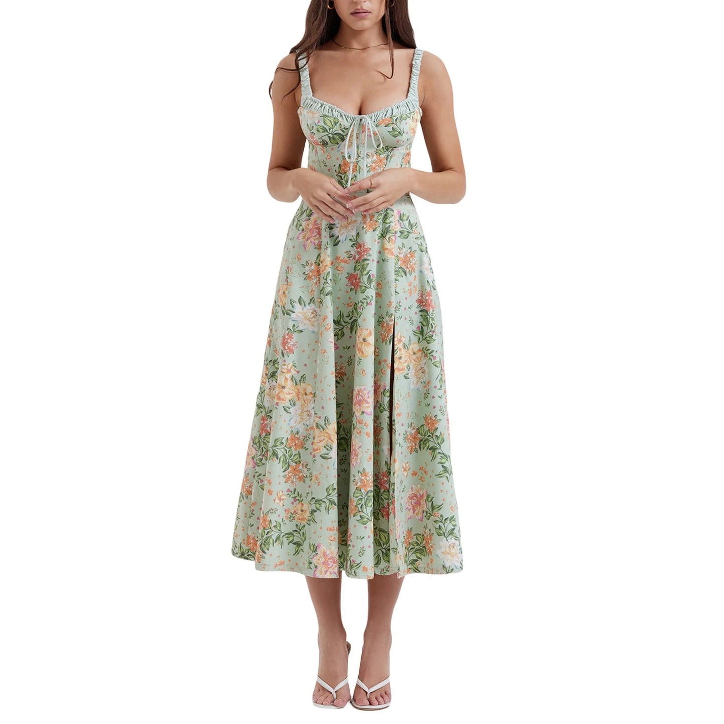 Vestido Casual de Verano para Mujer, Estampado Floral, Escote Bajo, Sin Mangas, con Tirantes y Espalda Descubierta.