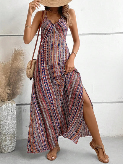 Vestido Largo de Verano para Mujer con Estampado Étnico, Espalda Descubierta y Tajo en Muslo, Estilo Boho con Volados, Ideal para Playa.