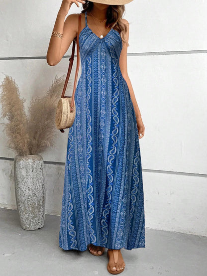Vestido Largo de Verano para Mujer con Estampado Étnico, Espalda Descubierta y Tajo en Muslo, Estilo Boho con Volados, Ideal para Playa.