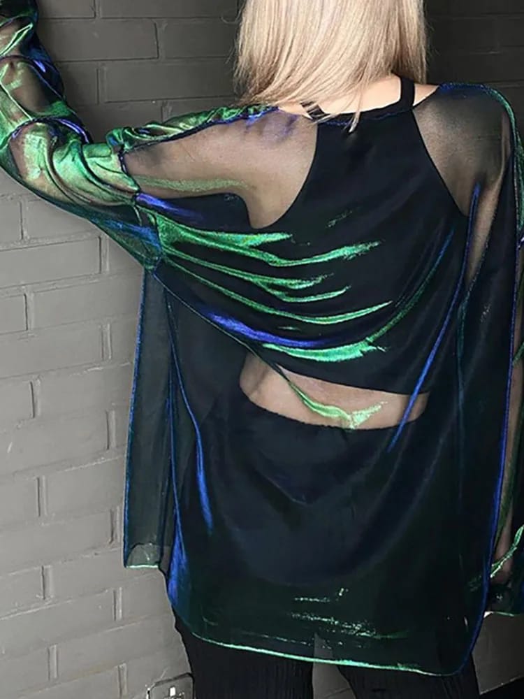 Remera Mujer Manga Larga Semi Transparente Cuello Redondo Estilo  para Fiesta o Club