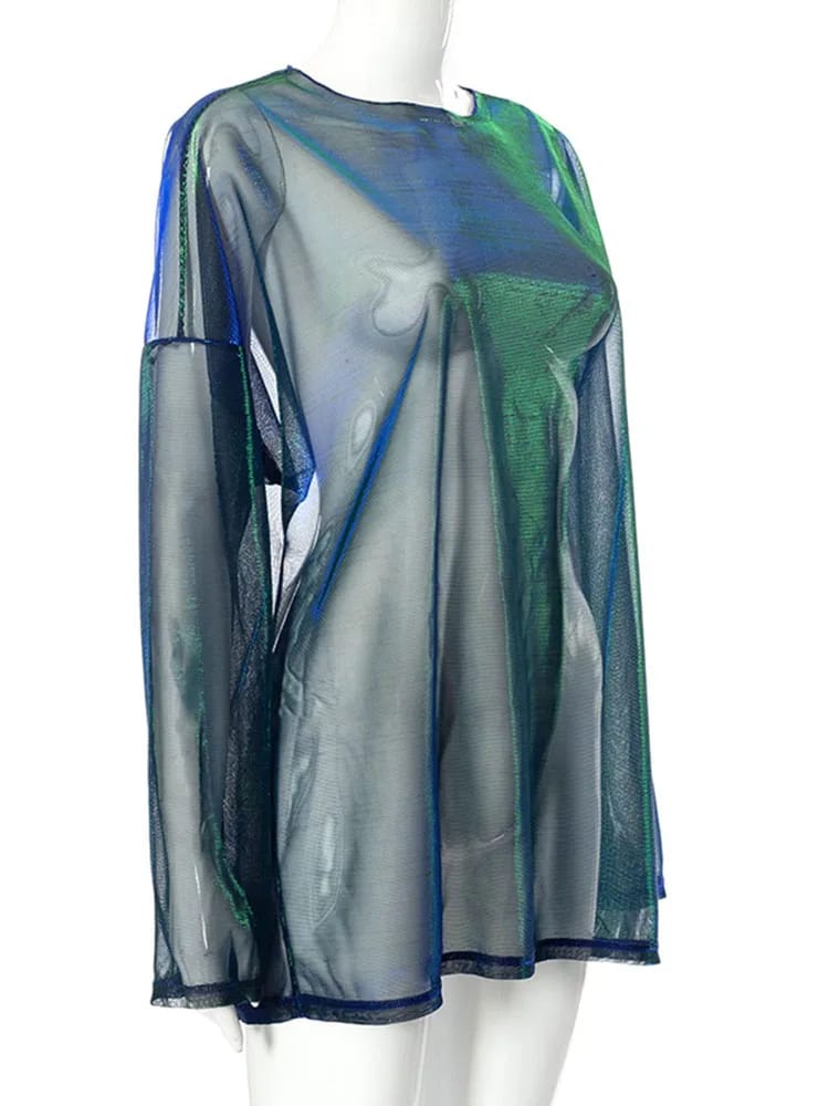 Remera Mujer Manga Larga Semi Transparente Cuello Redondo Estilo  para Fiesta o Club