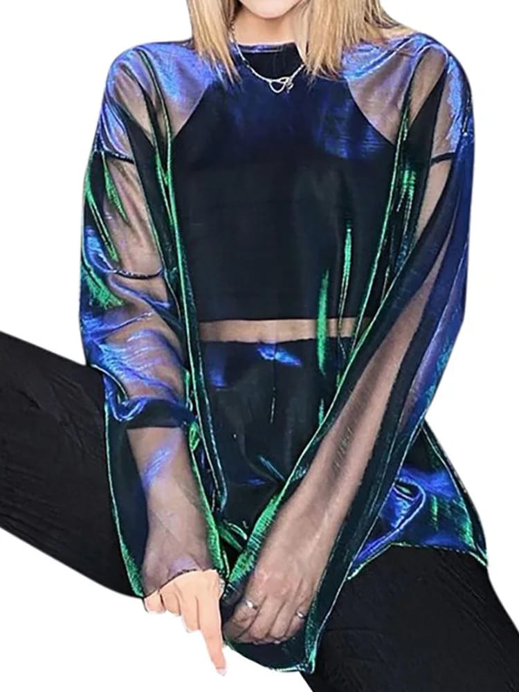 Remera Mujer Manga Larga Semi Transparente Cuello Redondo Estilo  para Fiesta o Club