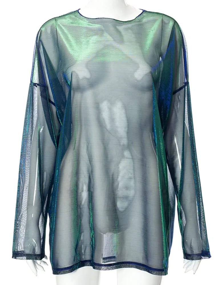 Remera Mujer Manga Larga Semi Transparente Cuello Redondo Estilo  para Fiesta o Club