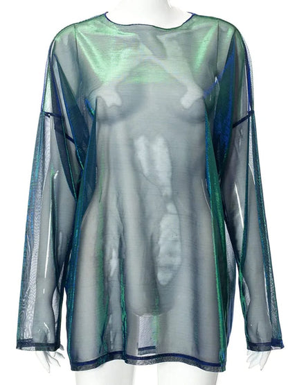 Remera Mujer Manga Larga Semi Transparente Cuello Redondo Estilo  para Fiesta o Club