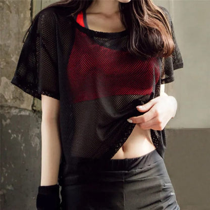 Remera Top de Yoga Sexy para Mujer, Manga Corta, de Malla, Ropa Deportiva de Secado Rápido para Gimnasio, Running y Fitness.