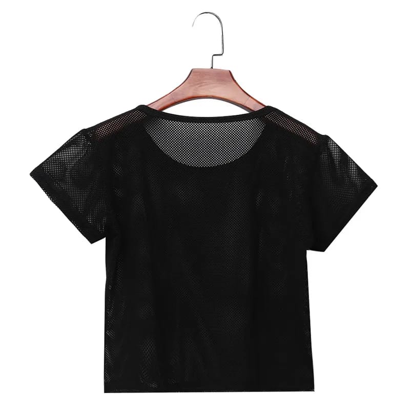 Remera Top de Yoga Sexy para Mujer, Manga Corta, de Malla, Ropa Deportiva de Secado Rápido para Gimnasio, Running y Fitness.