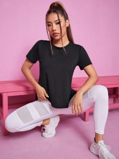 Remera deportiva de manga corta para mujer, ideal para yoga y fitness. Holgada, transpirable, de secado rápido y con espalda de red, perfecta para el verano.