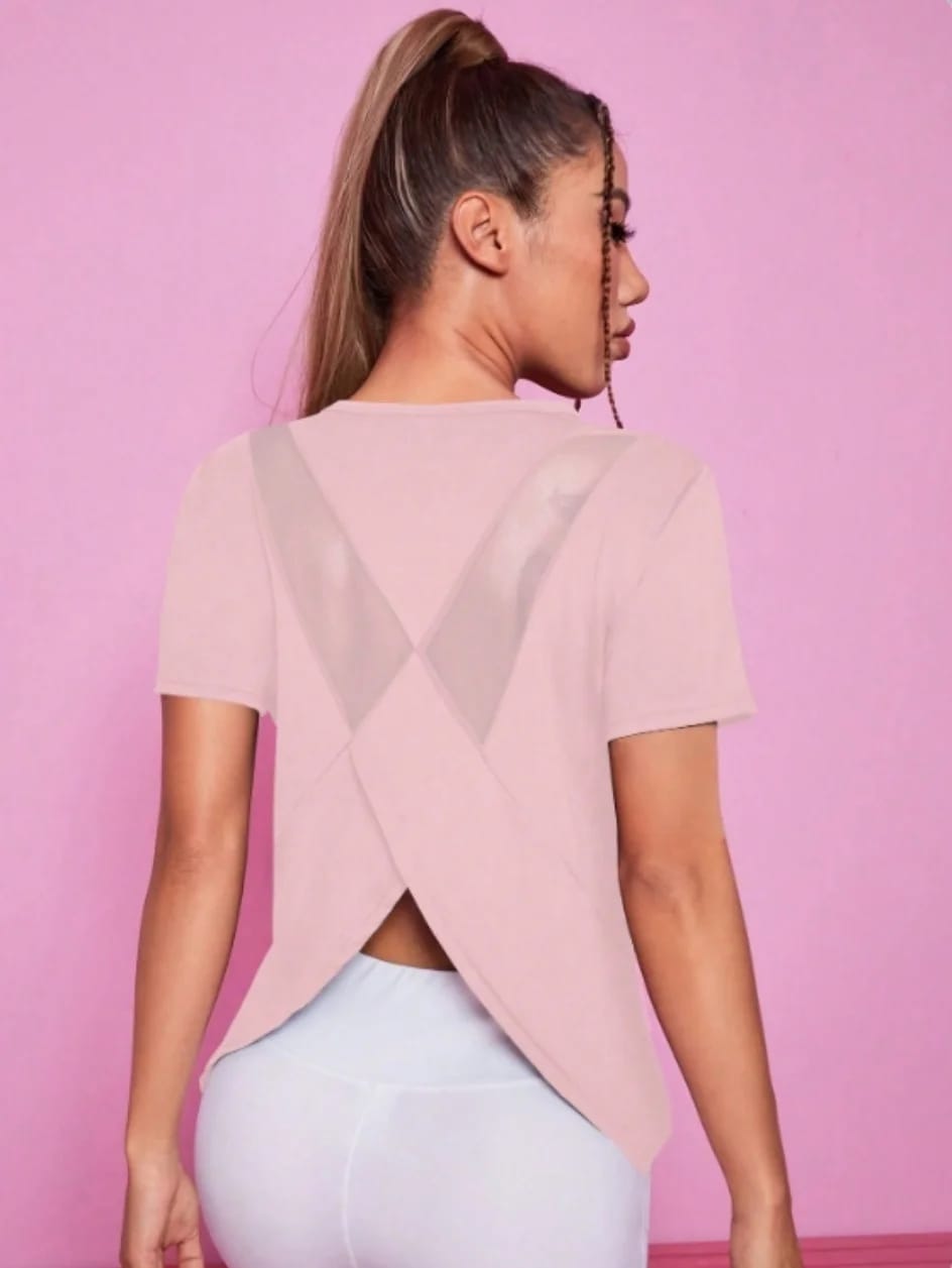 Remera deportiva de manga corta para mujer, ideal para yoga y fitness. Holgada, transpirable, de secado rápido y con espalda de red, perfecta para el verano.