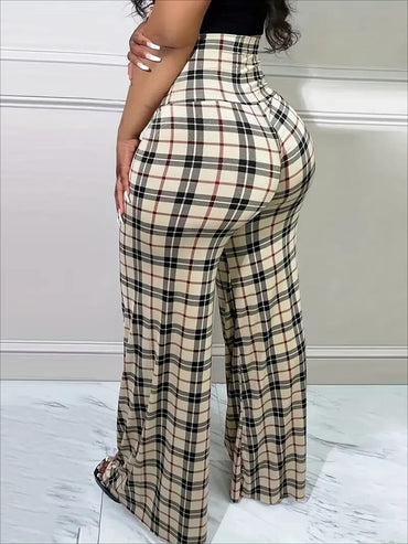 Pantalón Palazo de Mujer Tiro Alto a Cuadros. Diseño Suelto y Casual ideal para Primavera Verano.