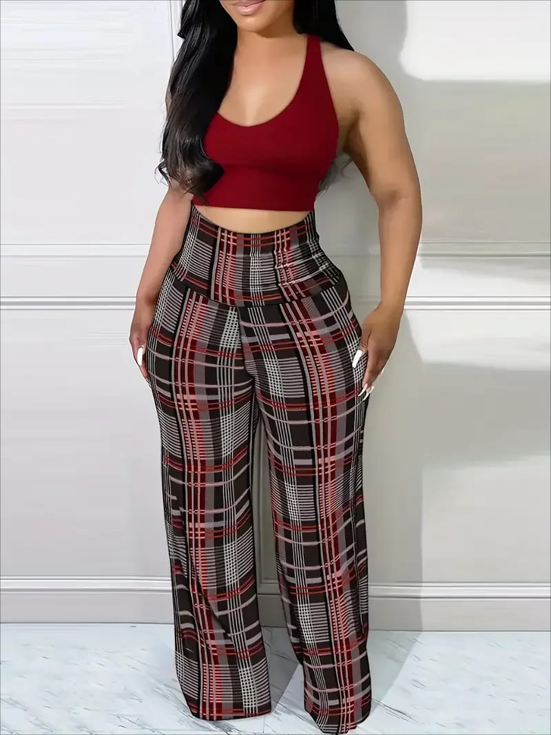 Pantalón Palazo de Mujer Tiro Alto a Cuadros. Diseño Suelto y Casual ideal para Primavera Verano.