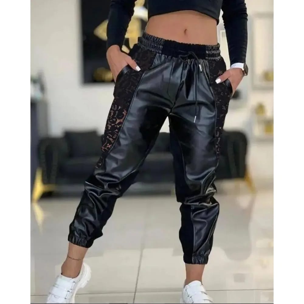 Pantalones Babucha de Cuerina Mujer Casual Verano. Diseño con contraste, encaje, cordón ajustable, tiro alto y puños.