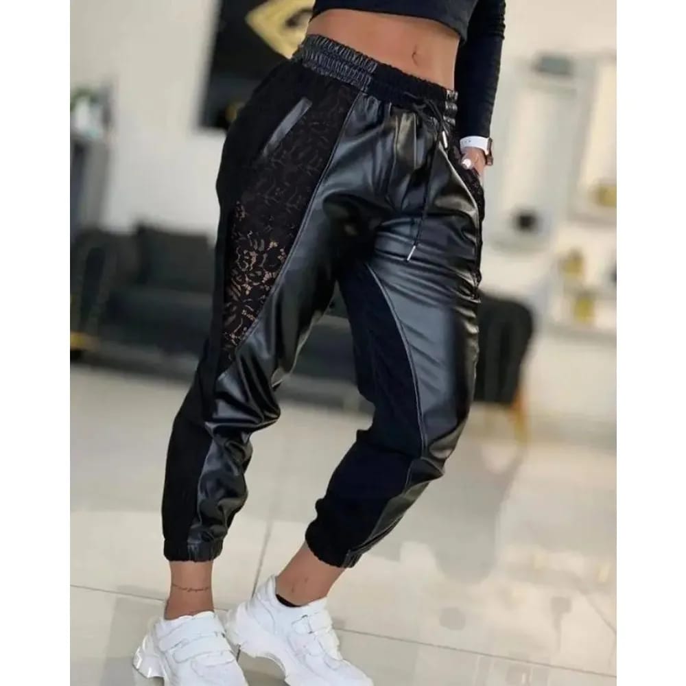 Pantalones Babucha de Cuerina Mujer Casual Verano. Diseño con contraste, encaje, cordón ajustable, tiro alto y puños.