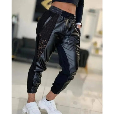 Pantalones Babucha de Cuerina Mujer Casual Verano. Diseño con contraste, encaje, cordón ajustable, tiro alto y puños.