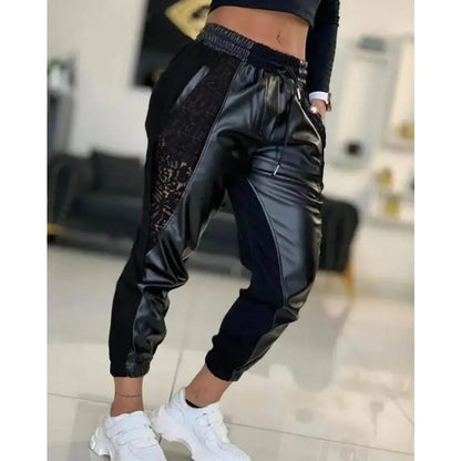 Pantalones Babucha de Cuerina Mujer Casual Verano. Diseño con contraste, encaje, cordón ajustable, tiro alto y puños.