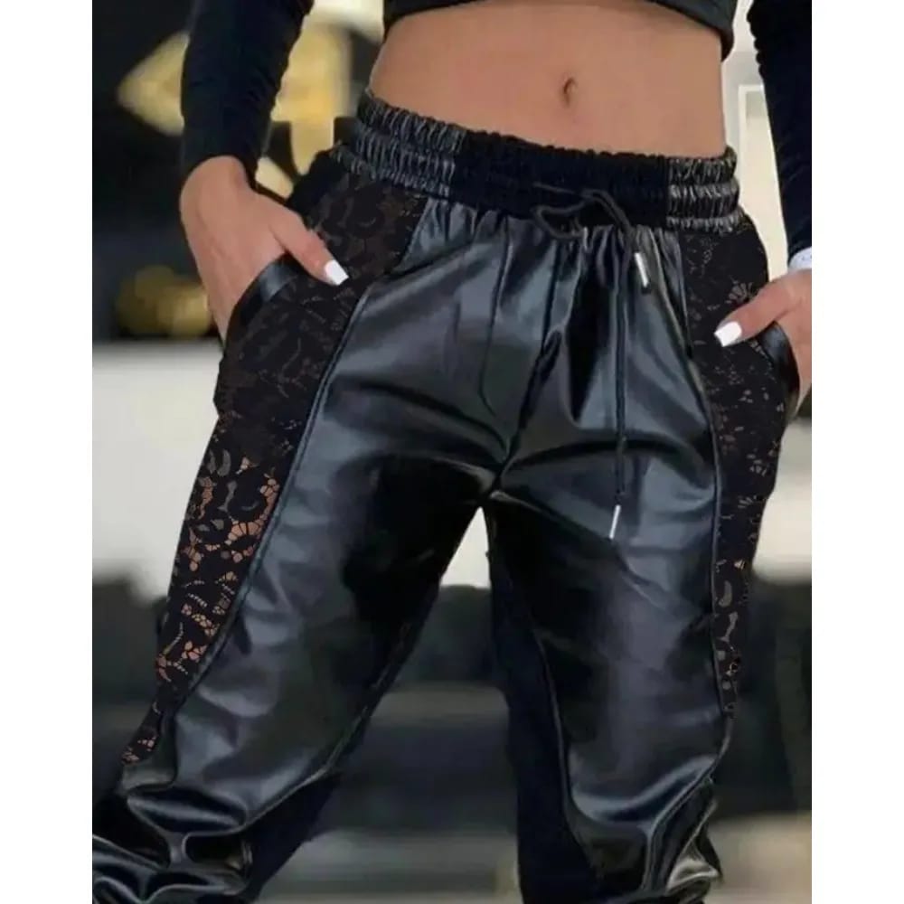 Pantalones Babucha de Cuerina Mujer Casual Verano. Diseño con contraste, encaje, cordón ajustable, tiro alto y puños.