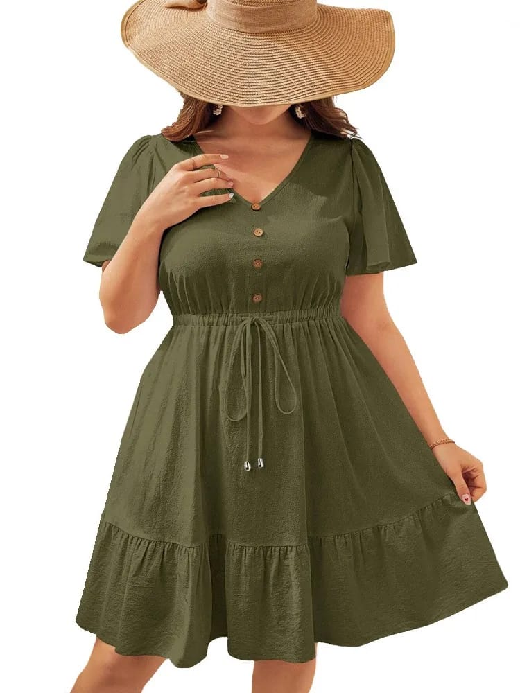 Vestido Mini de Verano Talle Grande, Manga Corta, Cuello V para Mujer. Diseño A-Line con Volados y Pliegues. Estilo Casual y Suelto.