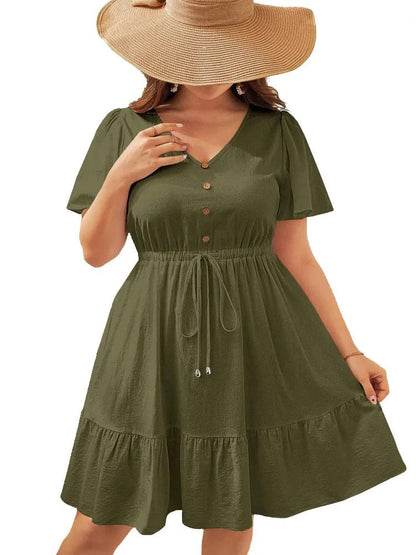 Vestido Mini de Verano Talle Grande, Manga Corta, Cuello V para Mujer. Diseño A-Line con Volados y Pliegues. Estilo Casual y Suelto.