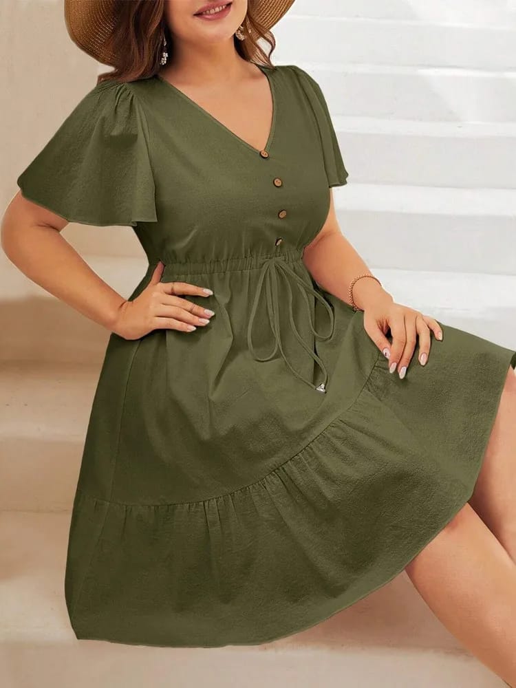Vestido Mini de Verano Talle Grande, Manga Corta, Cuello V para Mujer. Diseño A-Line con Volados y Pliegues. Estilo Casual y Suelto.