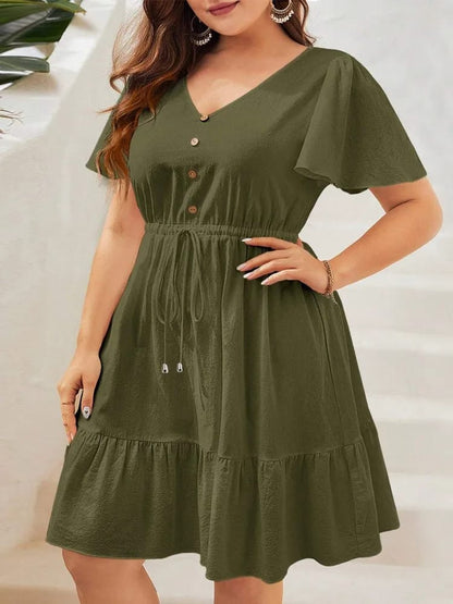 Vestido Mini de Verano Talle Grande, Manga Corta, Cuello V para Mujer. Diseño A-Line con Volados y Pliegues. Estilo Casual y Suelto.